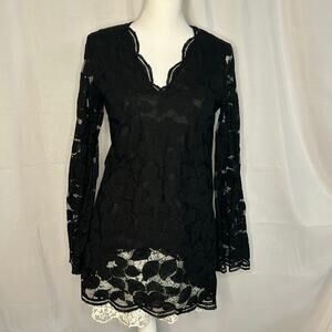 INC Black Lace Dress Tunic Long Sleeve Scalloped Hem Size M
